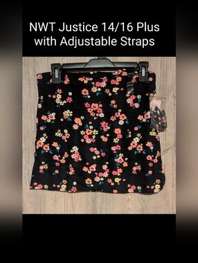 Justice Black Floral Tank Top with Pink Coral Yellow & Blue Flowers